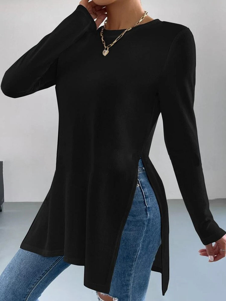 Damen Langes Feinstrick-Tunika-Shirt mit Seitenschlitzen und gerundetem Saum Shop Nory