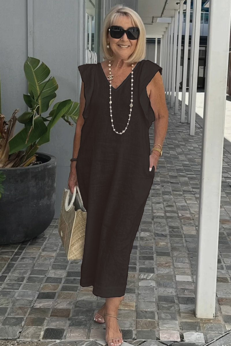 Damen Maxikleid mit V-Ausschnitt und angeschnittenem Ärmel