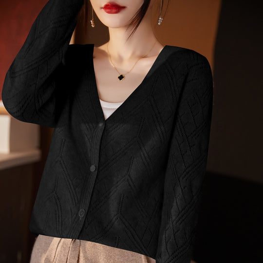 Damen Leichter Ajourcardigan mit geometrischer Lochstruktur und kastiger Kurzform Shop Nory