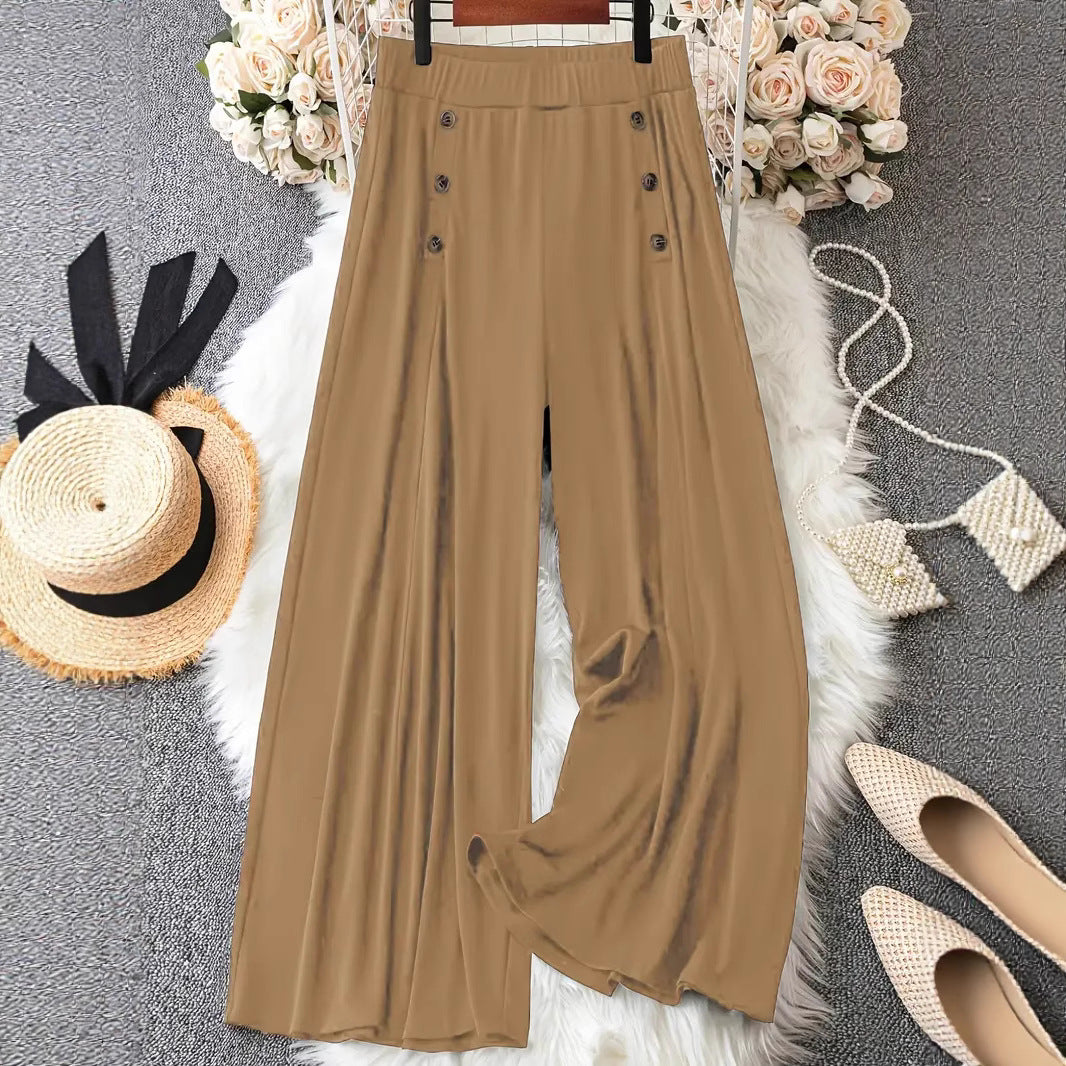 Frauen Weite Bein Hohe Taille Knopf-Akzent Palazzo Hose Shop Nory