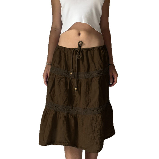 Damen nan gestufter Boho-Midirock mit elastischem Kordelbund und Häkelband-Details Shop Nory