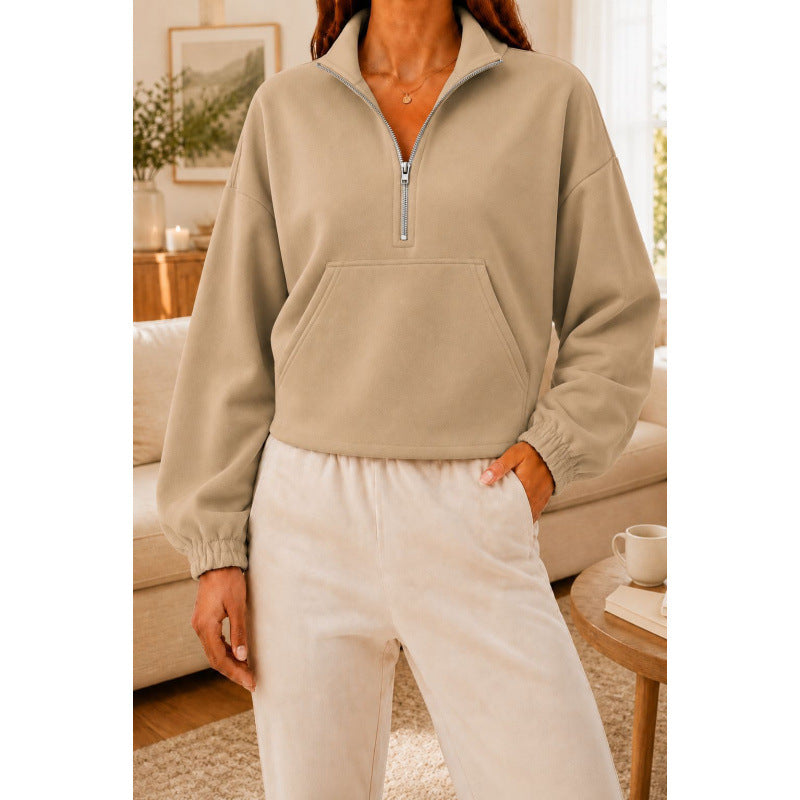 Damen Kurz geschnittener Sweatshirt-Pullover mit halbem Reißverschluss und Kängurutasche Shop Nory