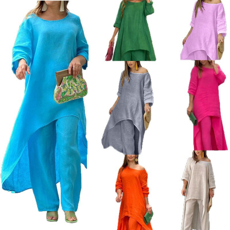 Damen luftiges Leinen‑Mix Tunika‑Set mit weitem Palazzohose Shop Nory
