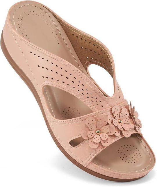 Damen Bequeme Pantoletten mit Blumenapplikation und orthopädischer Dämpfung Shop Nory