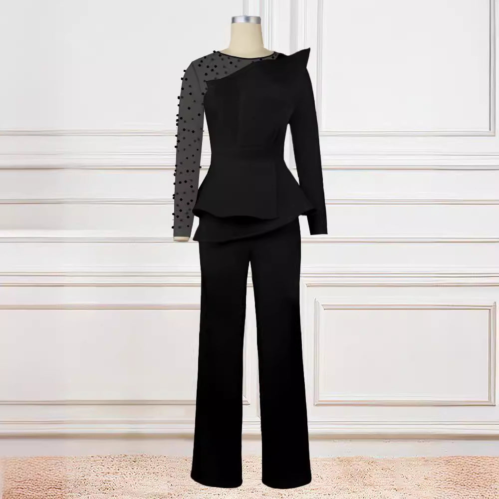 Damen eleganter Jumpsuit mit asymmetrischem Oberteil und raffiniertem Rüschendesign