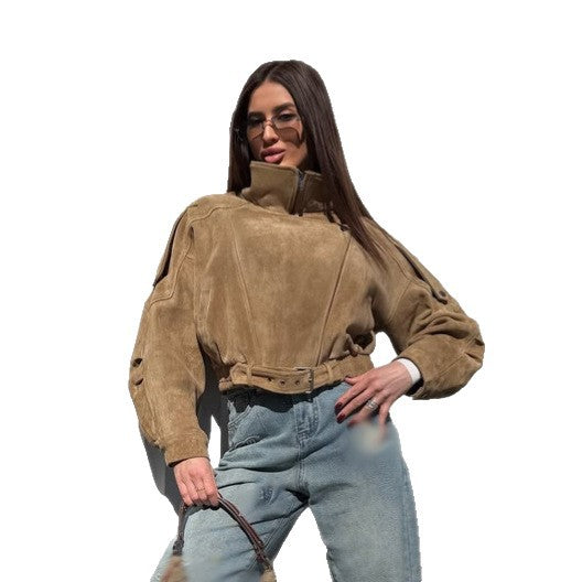 Damen Kurz geschnittene Wildleder-Bomberjacke mit Gürtel & Oversize-Ärmeln Shop Nory