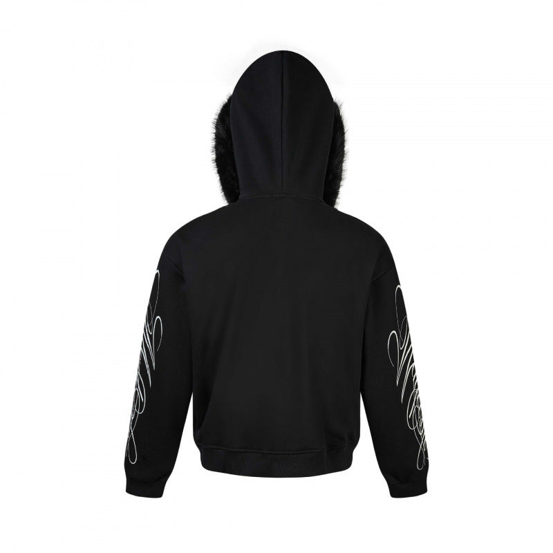 Unisex Oversize-Kapuzenjacke mit Kunstfellbesatz, Reißverschluss und Grafikärmeln Shop Nory