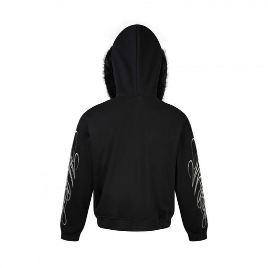 Unisex Oversize-Kapuzenjacke mit Kunstfellbesatz, Reißverschluss und Grafikärmeln Shop Nory