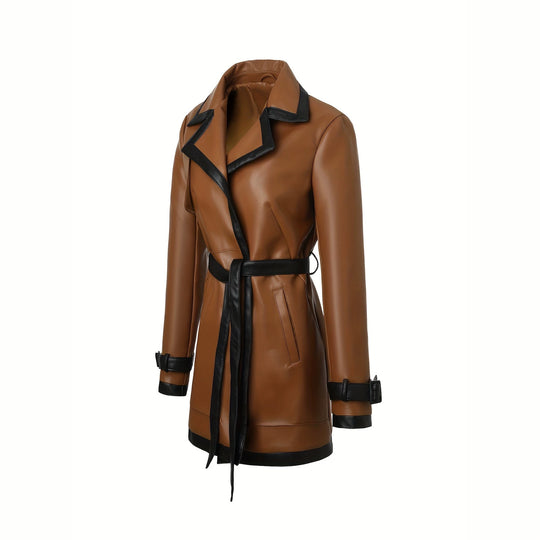 Damen taillierter Kunstleder-Trenchcoat mit kontrastbesatz und Bindegürtel Shop Nory