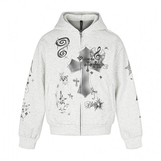 Unisex Oversize-Kapuzenzipjacke mit Allover-Grafikprint, Reißverschluss und geripptem Saum Shop Nory
