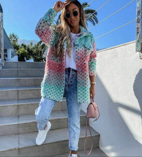 Damen Gehäkelte Oversize-Strickjacke mit Farbverlauf, Knopfleiste und aufgesetzten Taschen Shop Nory
