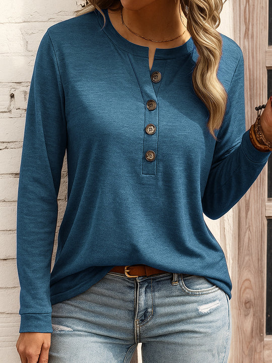 Damen Langarm-Henleyshirt mit Knopfleiste und Notch-Ausschnitt Shop Nory