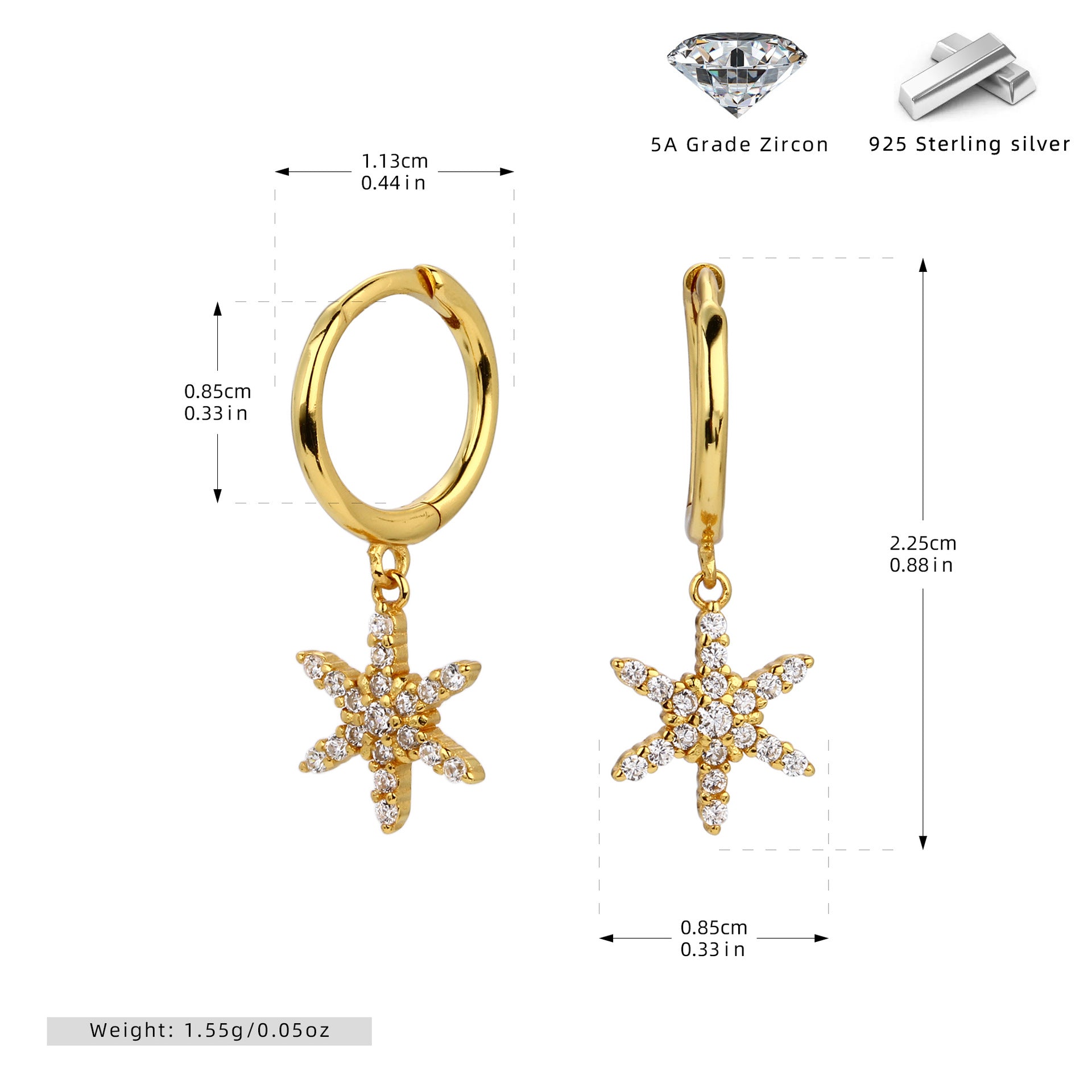 Damen Ohrringe mit funkelnden Zirkon-Stern-Anhängern aus 925 Sterling Silber Shop Nory
