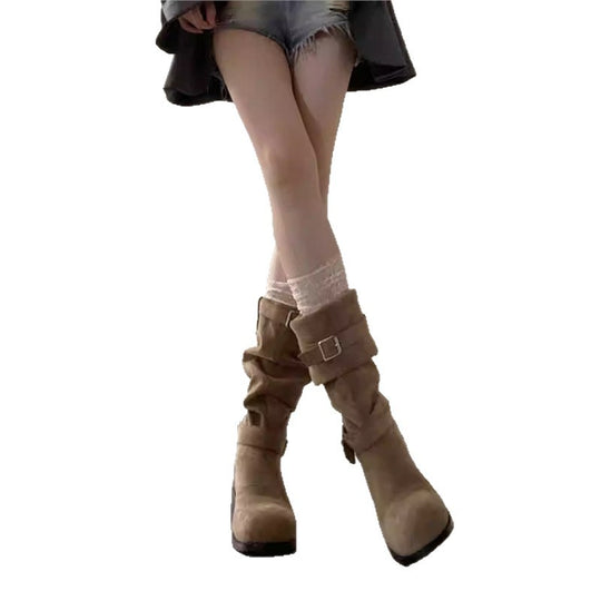 Damen halbhohe Slouch-Stiefel aus Velourslederoptik mit verstellbaren Ziergurten und mittelhohem Blockabsatz Shop Nory