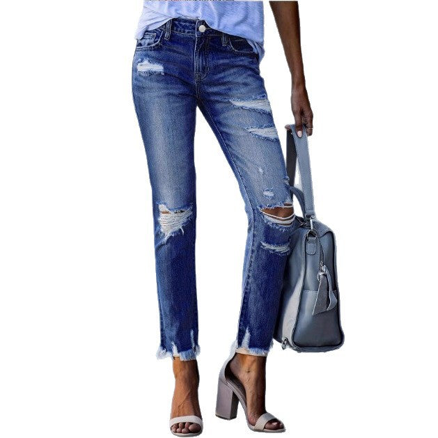 Damen knöchellange gerade geschnittene Destroyed-Jeans mit hoher Taille und ausgefranstem Saum Shop Nory