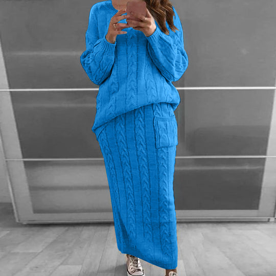 Damen nan Strickset Oversized Zopfmuster-Pullover und Maxi-Bleistiftrock mit aufgesetzter Tasche Shop Nory