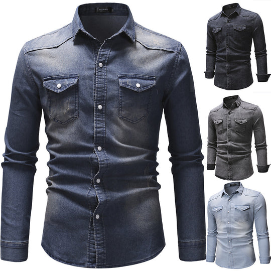 Herren oversized Denim-Hemdenjacke mit geschwungenem Saum und aufgesetzten Pattentaschen Shop Nory
