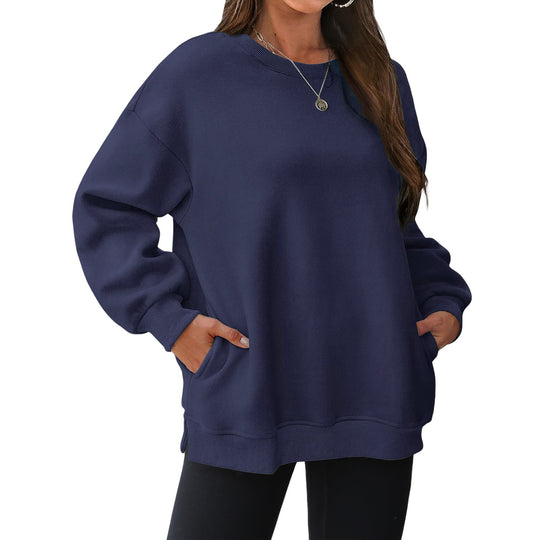 Damen nan verlängertes Oversize Rundhalspullover mit seitlichen Eingrifftaschen, Rippbündchen und überschnittener Schulter Shop Nory