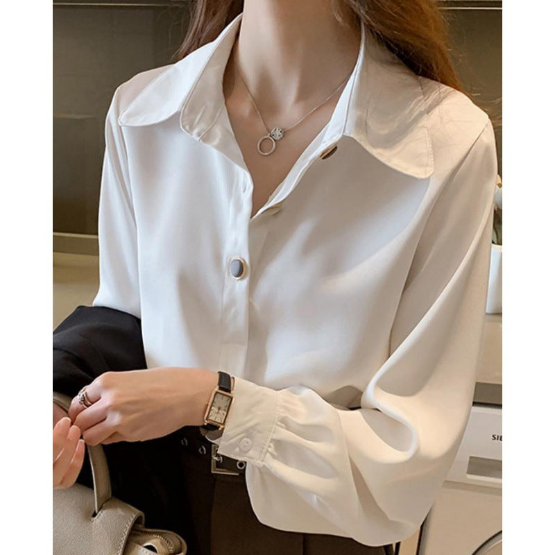 Damen Elegante Seidenoptik Hemdbluse mit übergroßem Kragen und Ballonärmeln Shop Nory