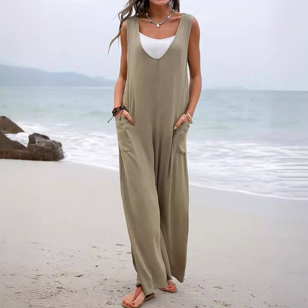 Damen Lässiger weite Jumpsuit mit V-Ausschnitt und praktischen Taschen