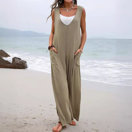 Damen Lässiger weite Jumpsuit mit V-Ausschnitt und praktischen Taschen