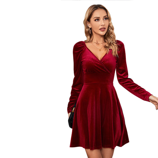Damen figurbetontes Samt‑Skaterkleid mit Wickel‑V‑Ausschnitt, gerafften Schultern und taillierter Schößchen‑Silhouette Shop Nory