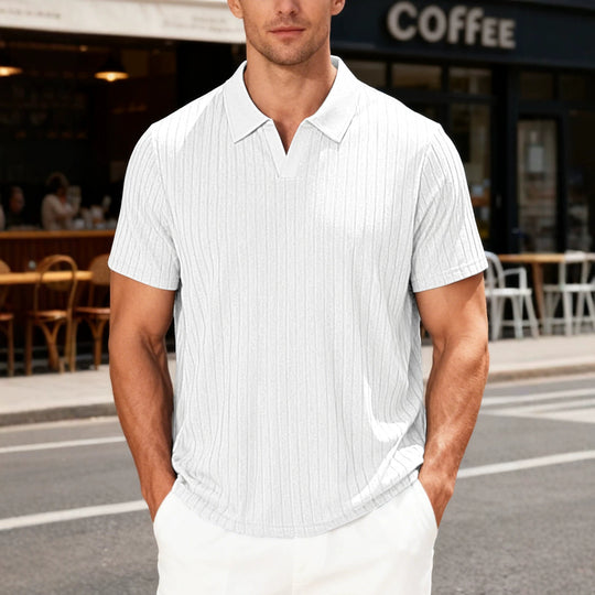 Herren Geripptes Kurzarm-Polohemd mit V-Ausschnitt und offener Kragenpartie Shop Nory