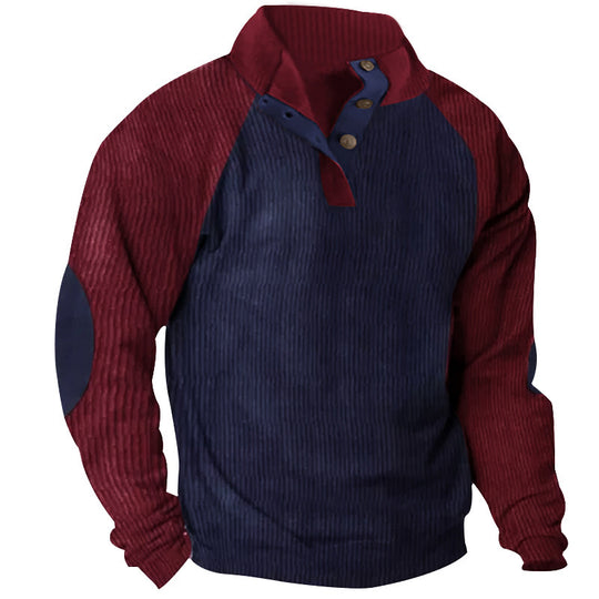 Herren Strukturiertes Raglan-Henley-Pullover mit Stehkragen, Ellenbogenpatches & Knopfleiste Shop Nory