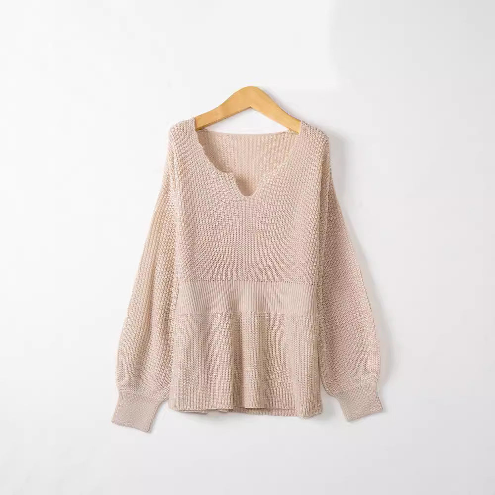 Damen Lockerer Feinstrick-Pullover mit V-Notch-Ausschnitt, Tailliertem Rippbund und Ballonärmeln Shop Nory