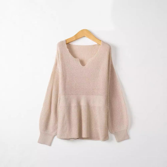 Damen Lockerer Feinstrick-Pullover mit V-Notch-Ausschnitt, Tailliertem Rippbund und Ballonärmeln Shop Nory
