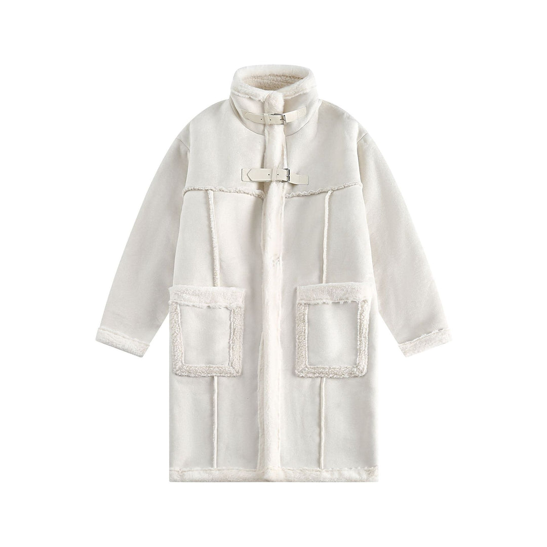 Damen Langer Oversize Lammfell‑Imitat Mantel mit Stehkragen und Schnallenverschluss Shop Nory