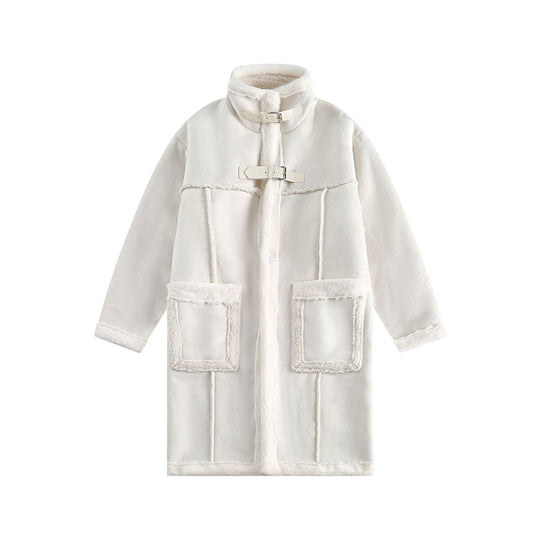 Damen Langer Oversize Lammfell‑Imitat Mantel mit Stehkragen und Schnallenverschluss Shop Nory