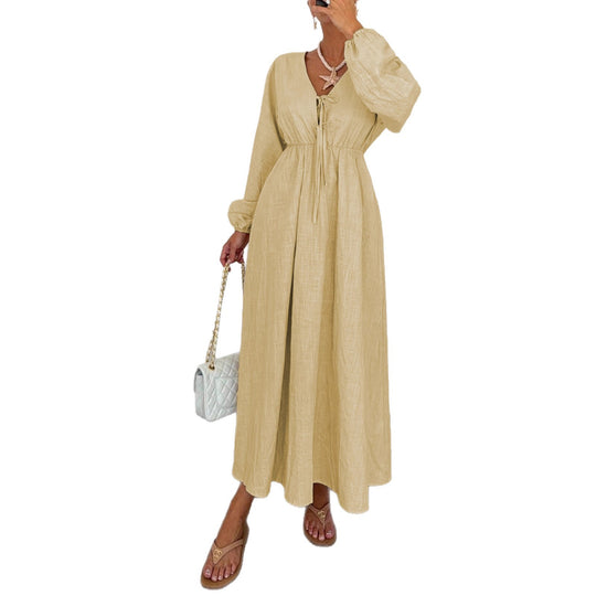 Damen Maxi‑Leinenkleid mit V‑Ausschnitt, Bindefront und Ballonärmeln Shop Nory