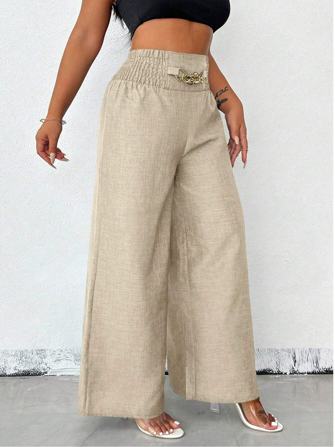 Damen Weite Leinenoptik-Hose mit hohem Smokbund und dekorativer Kettenapplikation Shop Nory