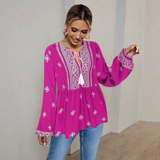 Damen Bestickte Boho-Tunika-Bluse mit Quastenbändern und stufigem Saum Shop Nory