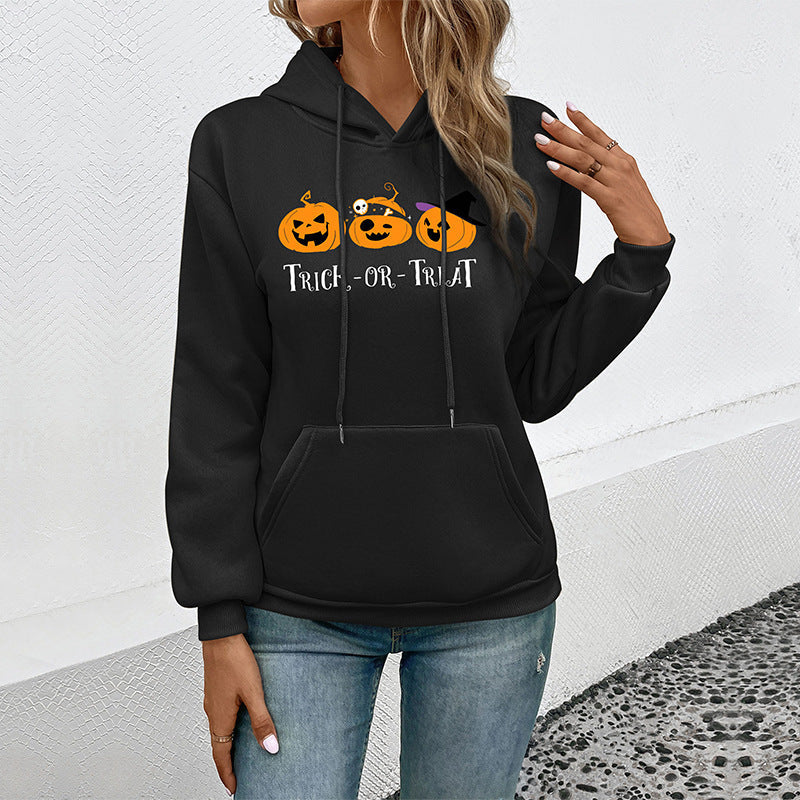 Damen Hoodie mit Halloween-Kürbisprint, Kapuze und Kängurutasche Shop Nory