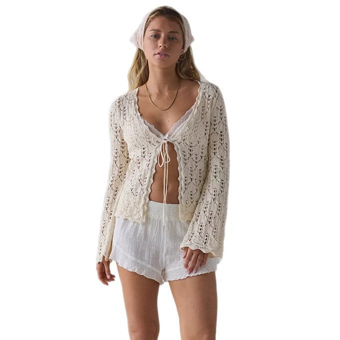 Damen luftiger Häkelstrick-Cardigan
