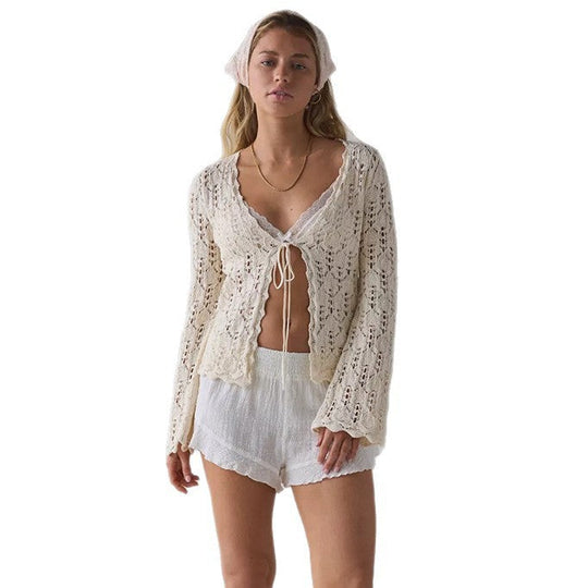 Damen luftiger Häkelstrick-Cardigan