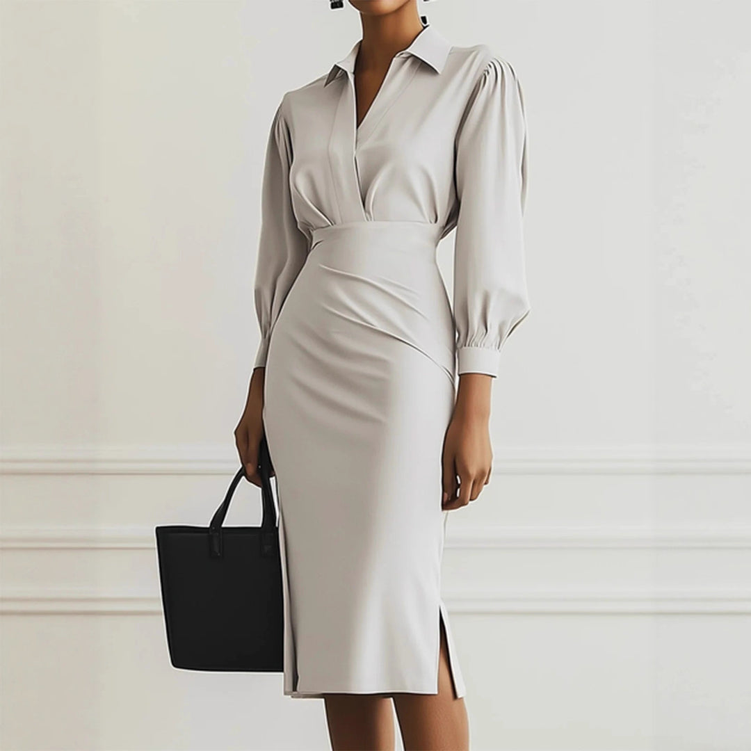 Damen Hemdblusen-Etuikleid mit V‑Wickel, Puffärmeln und taillierter Midilänge Shop Nory