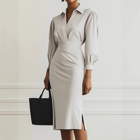 Damen Hemdblusen-Etuikleid mit V‑Wickel, Puffärmeln und taillierter Midilänge Shop Nory