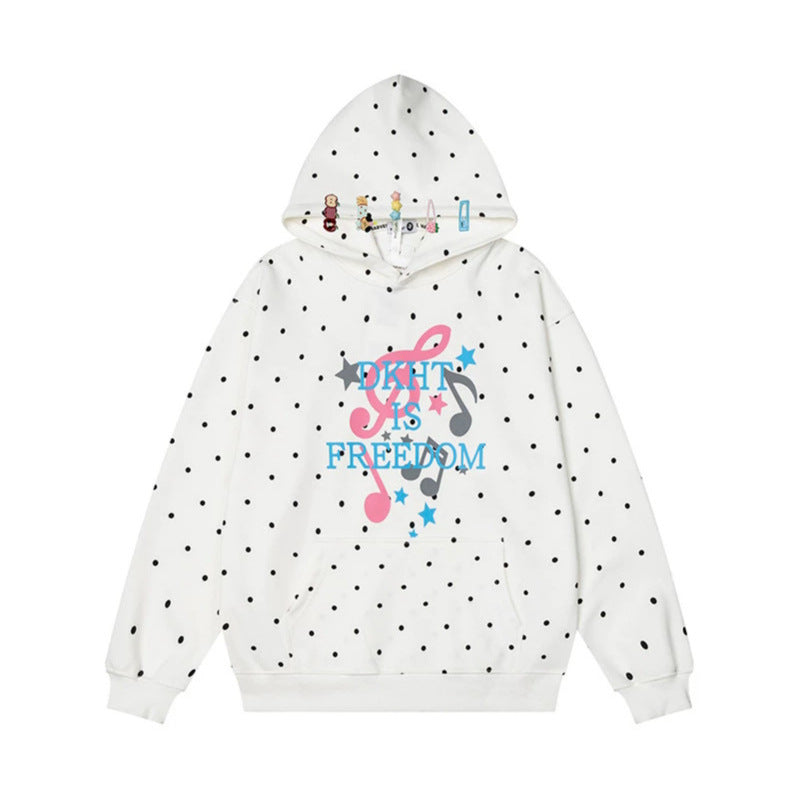 Damen Kapuzenpullover mit Polka-Dot, musikalischem Notenprint und Kängurutasche Shop Nory