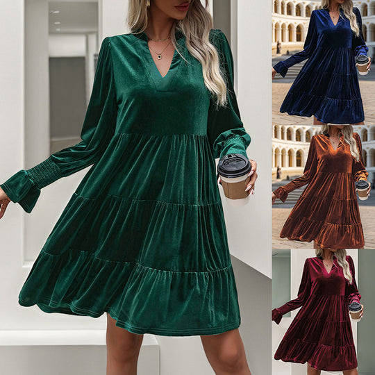 Damen Samt-Stufenkleid mit V-Ausschnitt, gerafften Manschetten und A-Linien-Schnitt Shop Nory