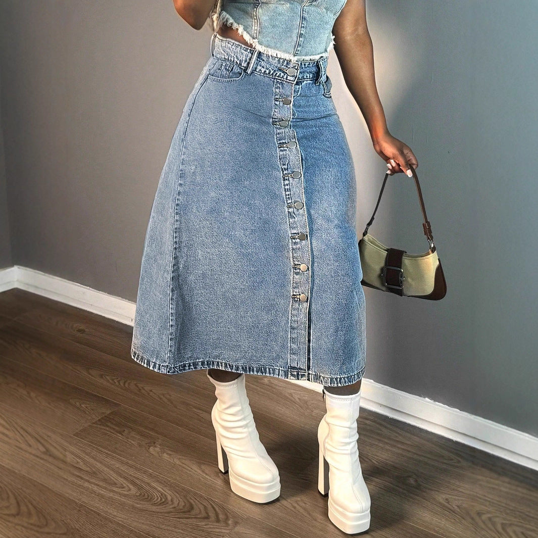 Damen Midirock aus Denim mit durchgehender Knopfleiste und taillenhohem A-Linien-Schnitt Shop Nory