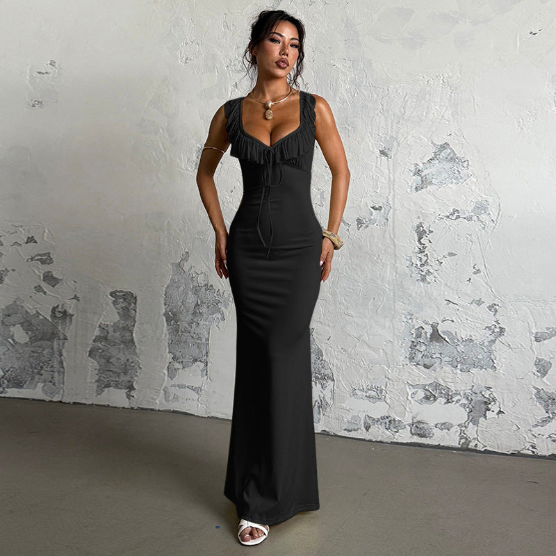 Damen figurbetontes Maxikleid mit Rüschendetails und V-Ausschnitt
