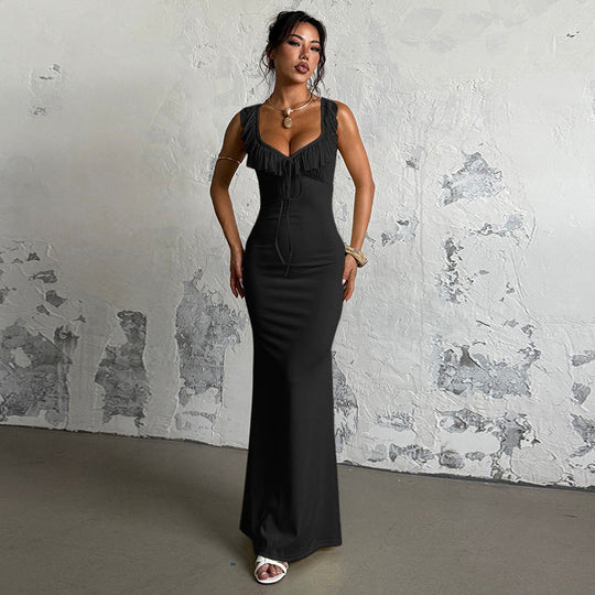 Damen figurbetontes Maxikleid mit Rüschendetails und V-Ausschnitt