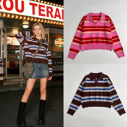 Damen Gestreifter Polokragen-Pullover mit kastiger Passform und V-Ausschnitt Shop Nory