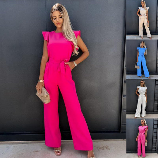 Frauen Fließender Weitbeiniger Jumpsuit mit Rüsche Ärmel