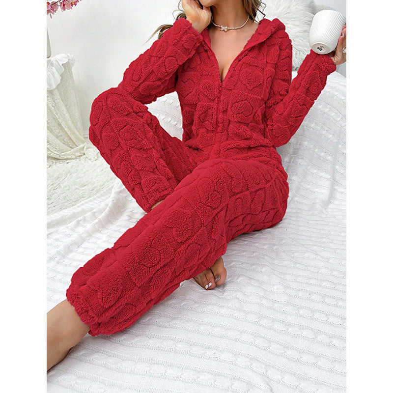 Damen Gemütlicher Fleece-Overall mit Kapuze