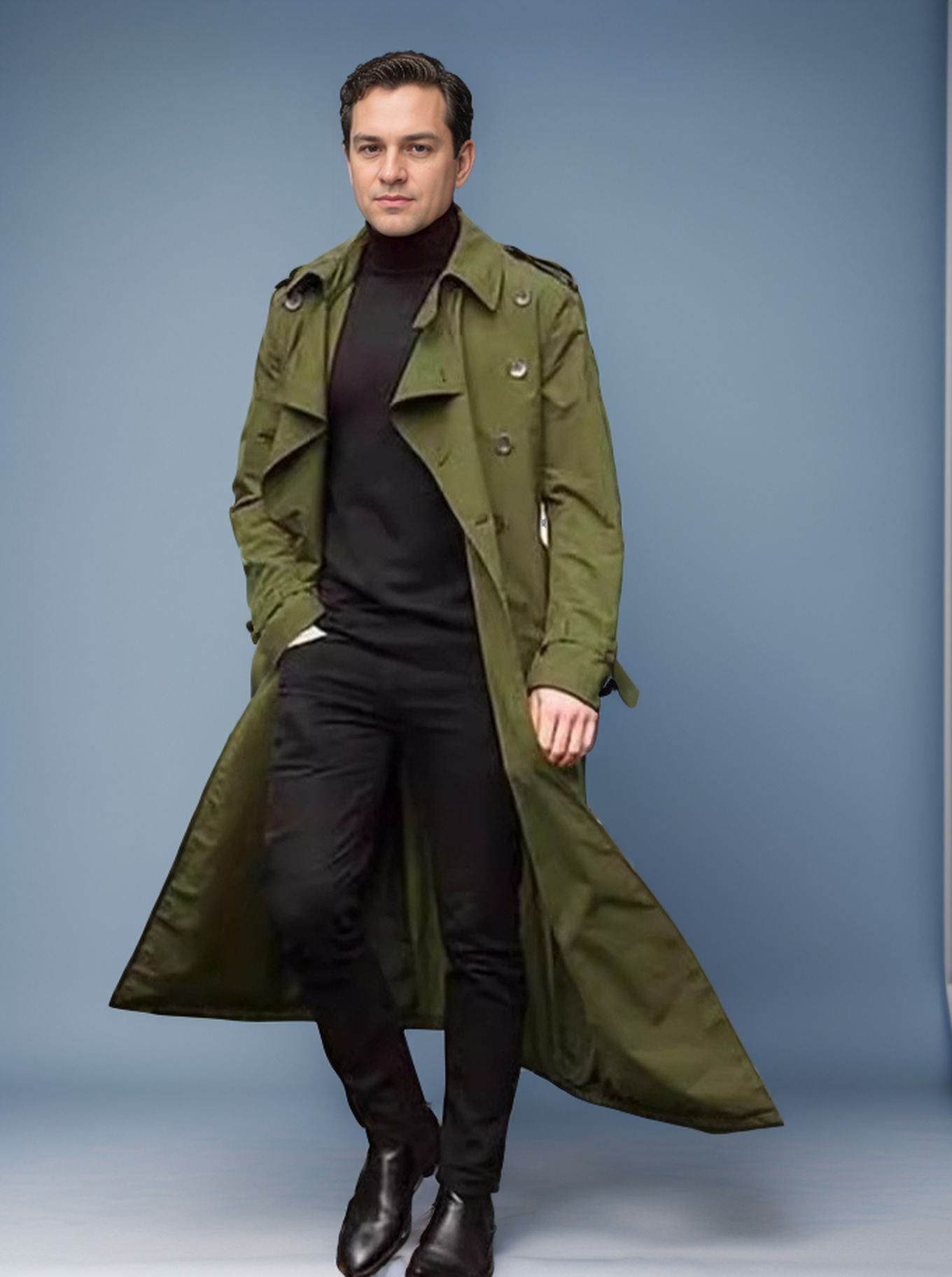 Herren langer Trenchcoat mit modernem Schnitt und praktischen Taschen