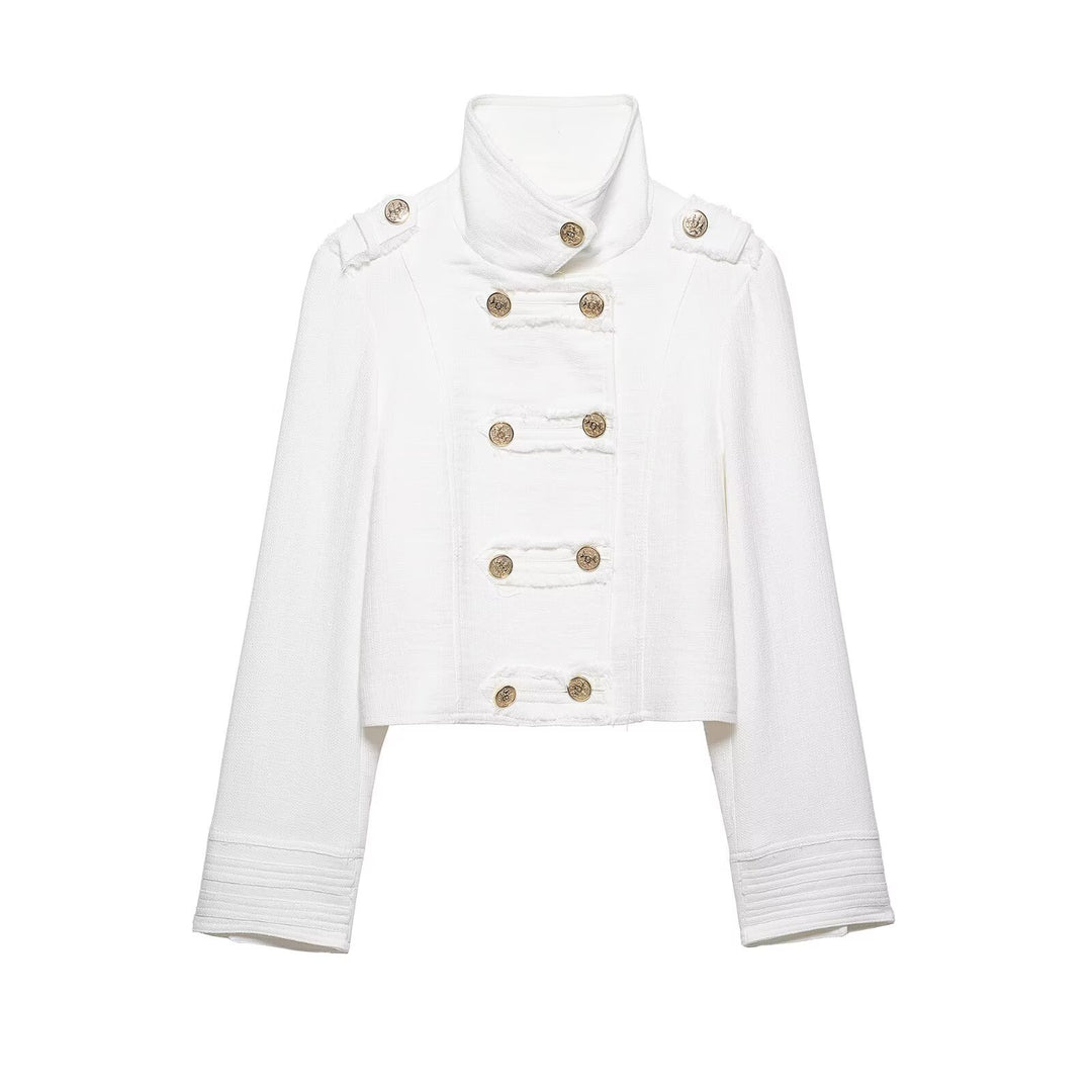 Damen Kurzjacke im Marine‑Stil mit doppelreihiger Zierknopfleiste und Stehkragen Shop Nory